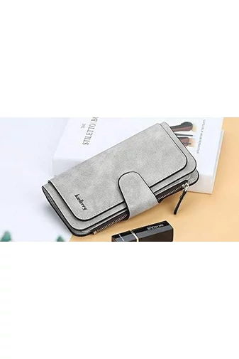  Wielofunkcyjny, elegancki portfel damski Bonluo w kolorze szarym, wykonany ze skóry ekologicznej, wymiary 19*11*2,5 cm