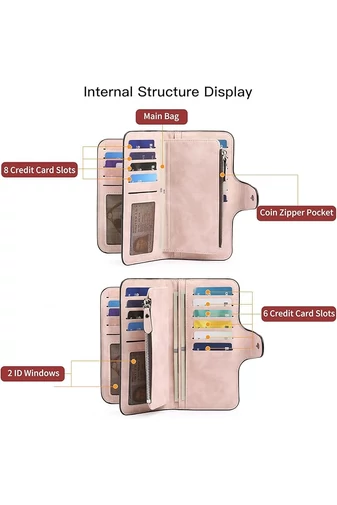  Bonluo Różowy Wielofunkcyjny Elegancki Portfel Damski Wykonany Ze Skóry Ekologicznej Rozmiar 19*11*2,5 cm