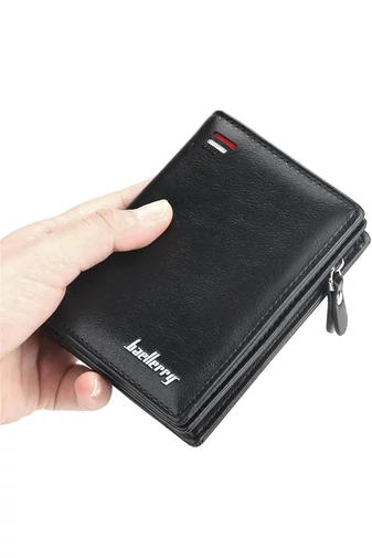  Czarny portfel męski Bonluo składany na pół ze skóry ekologicznej z wieloma przegródkami, wymiary 12*9*2,5 cm