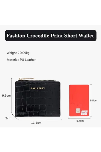  Mały czarny portfel składany na pół z imitacji skóry lakierowanej ze wzorem krokodyla Rozmiar 9,5*11,5*3 cm