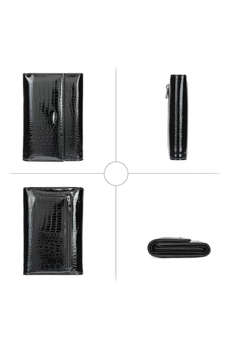  Elegancki czarny portfel Bonluo z prawdziwej lakierowanej skóry z wzorem kamienia (14*10 cm)