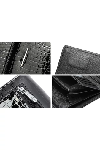  Elegancki czarny portfel Bonluo z prawdziwej lakierowanej skóry z wzorem kamienia (14*10 cm)