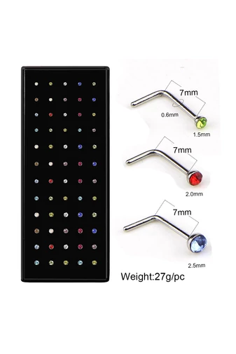 Kolorowy piercing do nosa w kształcie litery „L” ze stali chirurgicznej, hipoalergiczny (zestaw 60 szt.)