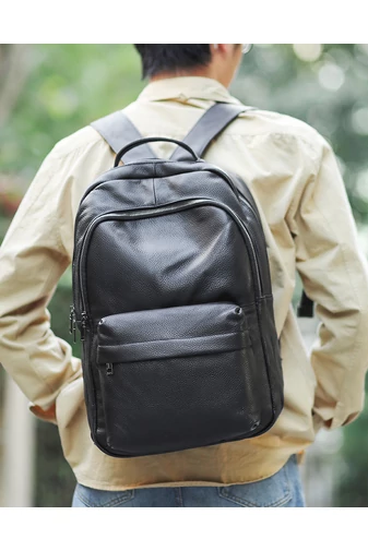  Plecak unisex Bonluo z czarnej, naturalnej skóry z miejscem na laptopa 15,6 cala, 41*28*17 cm