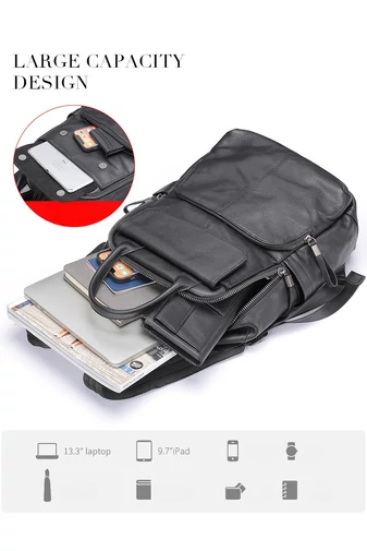  Plecak unisex Bonluo z czarnej, naturalnej skóry z miejscem na laptopa 13,3 cala (37*26*12 cm)