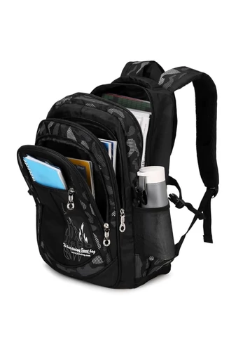 Wielofunkcyjny plecak szkolny w kolorze szarym z czarnymi przegródkami, pojemny i wodoodporny, 48*32*22 cm