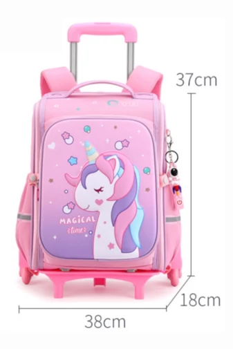 Plecak dziecięcy na kółkach z różowym wzorem jednorożca i odpinanym uchwytem, wytrzymały poliester, 37*38*18 cm