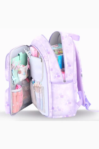  Plecak szkolny dla dzieci z kieszenią przednią, otwierany pod kątem 180°, ultralekki, fioletowy, wodoodporny, 44*31,5*17 cm