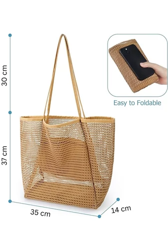  Siatkowa torba plażowa z podstawą Oxford, brązowa, składana, lekka, duża pojemność, 37*35*14 cm, Bonluo