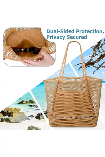  Siatkowa torba plażowa z podstawą Oxford, brązowa, składana, lekka, duża pojemność, 37*35*14 cm, Bonluo