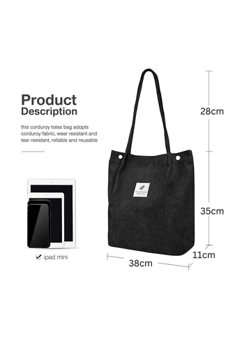  Torba typu tote Bonluo z czarnego płótna, pojemna, trwała i elegancka, 38*35*11 cm