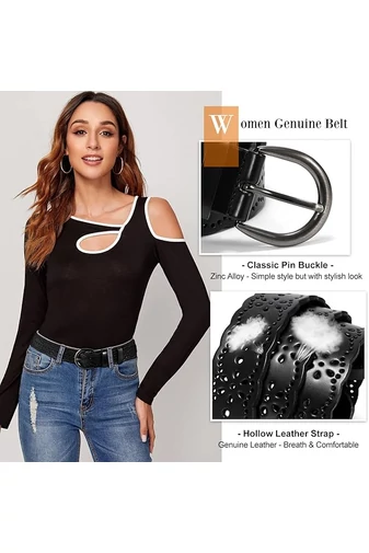  Pasek damski z czarnej skóry naturalnej, perforowany wzór kwiatowy, 110 cm