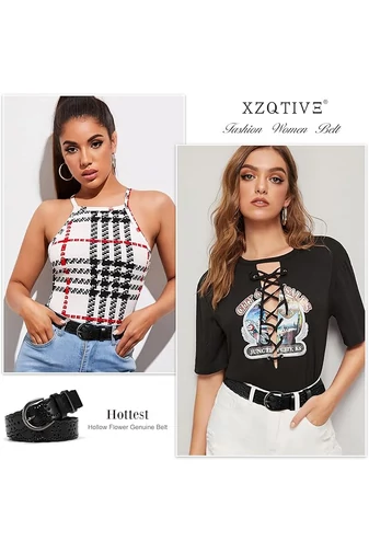  Pasek damski z czarnej skóry naturalnej, perforowany wzór kwiatowy, 110 cm