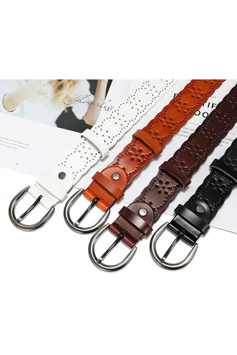  Pasek damski z czarnej skóry naturalnej, perforowany wzór kwiatowy, 110 cm