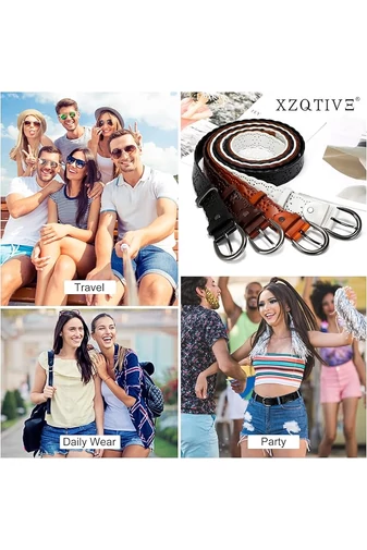  Pasek damski z czarnej skóry naturalnej, perforowany wzór kwiatowy, 110 cm