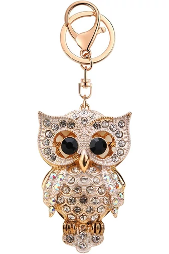  Brelok do kluczy Bonluo z białego metalu w kształcie sowy, zdobiony kryształami