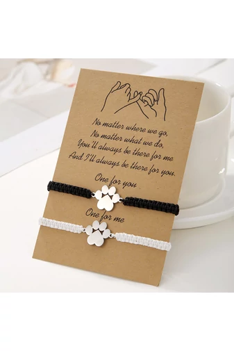  Zestaw dwóch czarno-białych bransoletek przyjaźni z wisiorkiem w kształcie łapy ze stali nierdzewnej