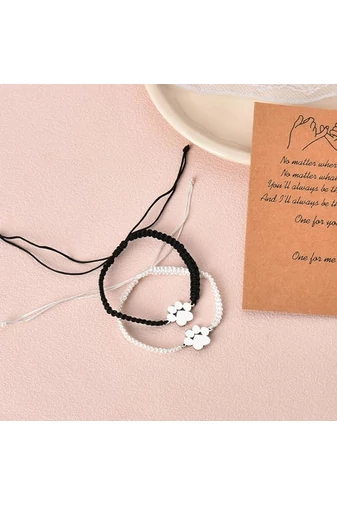  Zestaw dwóch czarno-białych bransoletek przyjaźni z wisiorkiem w kształcie łapy ze stali nierdzewnej