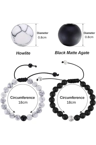  Zestaw bransoletek unisex idealny dla par z matowymi czarnymi koralikami i białymi kamieniami w stylu retro