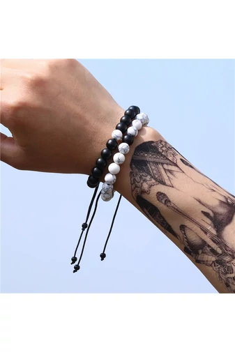  Zestaw bransoletek unisex idealny dla par z matowymi czarnymi koralikami i białymi kamieniami w stylu retro