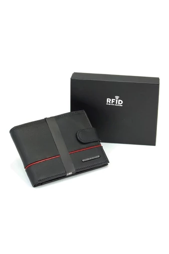  Męski portfel skórzany z ochroną RFID, czarny z eleganckimi czerwonymi detalami, 9*12,5*2 cm