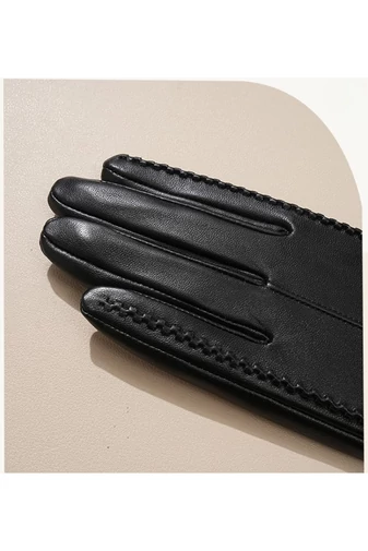  Eleganckie rękawiczki z prawdziwej skóry jagnięcej, brązowe, z pikowaniem i funkcją obsługi ekranu dotykowego, rozmiar M, 17*18,5 cm