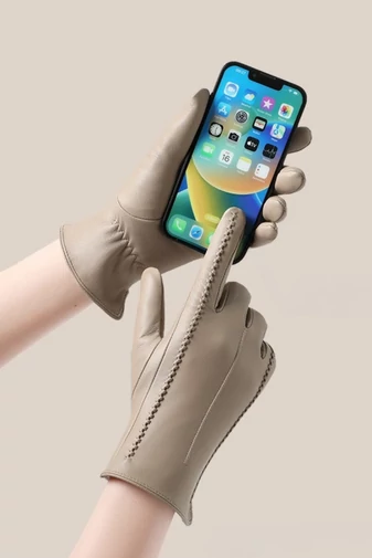  Eleganckie rękawiczki z prawdziwej skóry jagnięcej, brązowe, z pikowaniem i funkcją obsługi ekranu dotykowego, rozmiar M, 17*18,5 cm