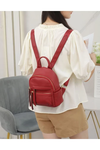  Mini plecak damski ze skóry naturalnej, elegancki design, wiśniowo-czerwony, 23,5*21*11 cm