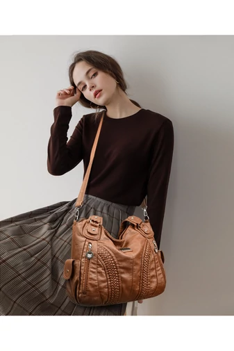  Przestronna torebka z PU i torba na ramię, brązowa, 35*12*30 cm