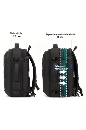  Czarny plecak podróżny z poliestru z kompresją próżniową, rozszerzalny, z przegrodą na laptopa 17,3 cala, 45*30*21 cm + pompka prezentowa