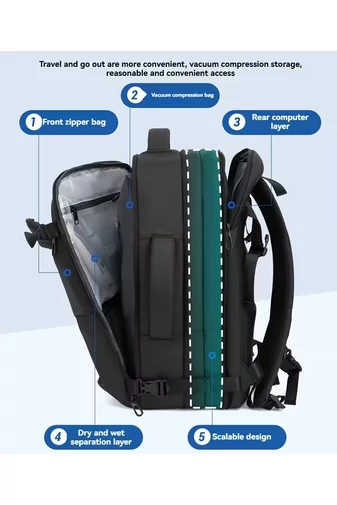  Czarny plecak podróżny z poliestru z kompresją próżniową, rozszerzalny, z przegrodą na laptopa 17,3 cala, 45*30*21 cm + pompka prezentowa