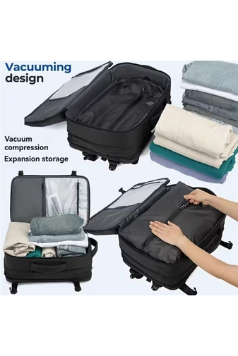  Czarny plecak podróżny z poliestru z kompresją próżniową, rozszerzalny, z przegrodą na laptopa 17,3 cala, 45*30*21 cm + pompka prezentowa