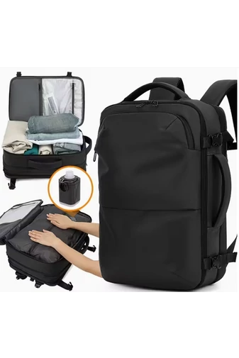  Czarny plecak podróżny z poliestru z kompresją próżniową, rozszerzalny, z przegrodą na laptopa 17,3 cala, 45*30*21 cm + pompka prezentowa