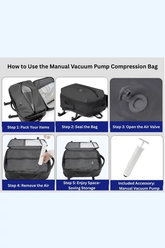  Czarny plecak podróżny z poliestru z kompresją próżniową, rozszerzalny, z przegrodą na laptopa 17,3 cala, 45*30*21 cm + pompka prezentowa