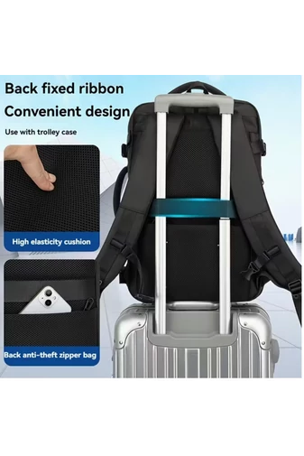  Czarny plecak podróżny z poliestru z kompresją próżniową, rozszerzalny, z przegrodą na laptopa 17,3 cala, 45*30*21 cm + pompka prezentowa