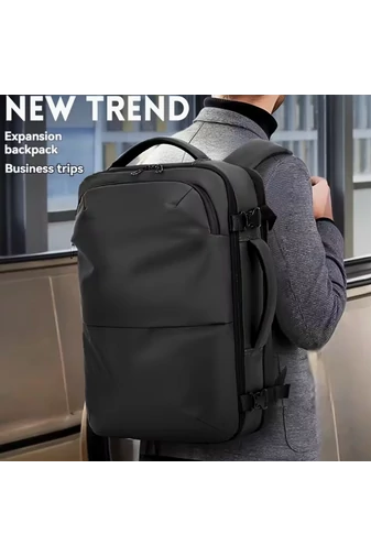  Czarny plecak podróżny z poliestru z kompresją próżniową, rozszerzalny, z przegrodą na laptopa 17,3 cala, 45*30*21 cm + pompka prezentowa