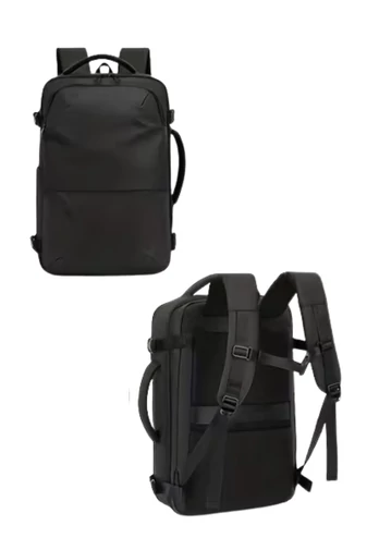  Czarny plecak podróżny z poliestru z kompresją próżniową, rozszerzalny, z przegrodą na laptopa 17,3 cala, 45*30*21 cm + pompka prezentowa