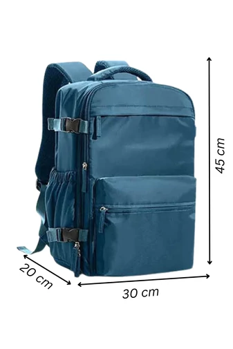 Plecak podróżny niebieski z poliestru z kompresją próżniową i funkcjonalnym designem, 45×30×20 cm
