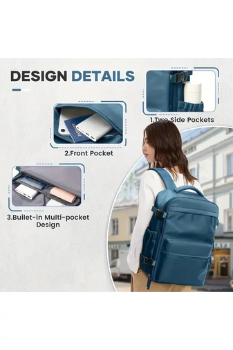 Plecak podróżny niebieski z poliestru z kompresją próżniową i funkcjonalnym designem, 45×30×20 cm