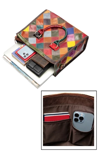  Elegancka, wielokolorowa, skórzana torba z uchwytami i paskiem na ramię, 27*33*14 cm