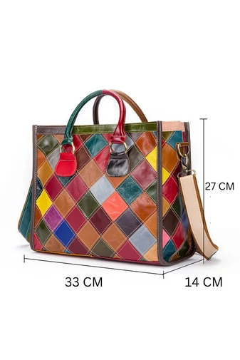  Elegancka, wielokolorowa, skórzana torba z uchwytami i paskiem na ramię, 27*33*14 cm