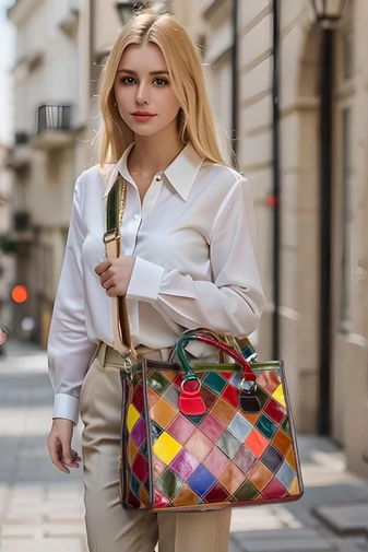  Elegancka, wielokolorowa, skórzana torba z uchwytami i paskiem na ramię, 27*33*14 cm