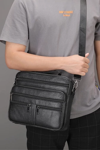  Czarna skórzana torba męska z wieloma przegródkami, 23*27*8 cm