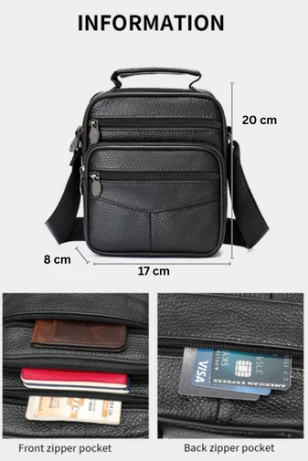  Czarna męska torba typu crossbody z prawdziwej skóry, model casualowy i elegancki, 20*17*8 cm