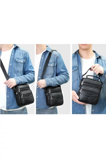  Czarna męska torba typu crossbody z prawdziwej skóry, model casualowy i elegancki, 20*17*8 cm