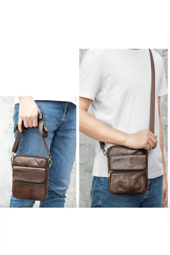 Męska brązowa torba typu crossbody z prawdziwej skóry z regulowanym paskiem 11*15*2,5 cm