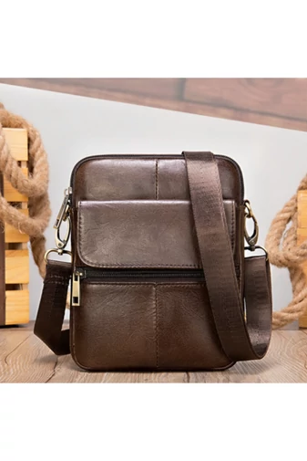 Męska brązowa torba typu crossbody z prawdziwej skóry z regulowanym paskiem 11*15*2,5 cm