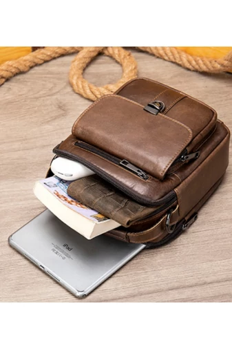  Męska ciemnobrązowa torba typu crossbody wykonana z prawdziwej skóry i z wieloma przegródkami, 17*5*18 cm
