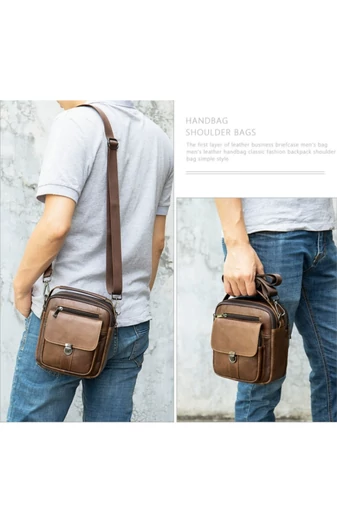  Męska ciemnobrązowa torba typu crossbody wykonana z prawdziwej skóry i z wieloma przegródkami, 17*5*18 cm