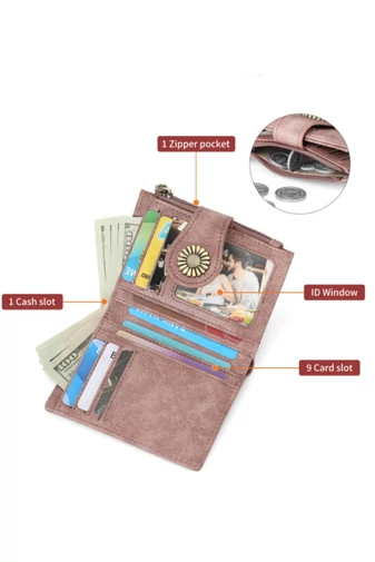  Kompaktowy turkusowo-zielony portfel z PU z ochroną RFID i eleganckim kwiatowym wzorem 12*3*9 cm